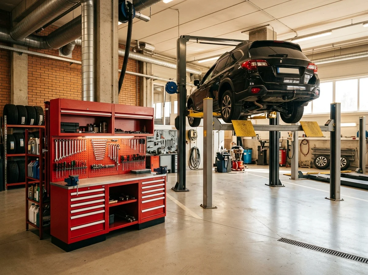 Attrezzature e ponte sollevatore dell'officina Interno dell'officina con auto sul ponte sollevatore